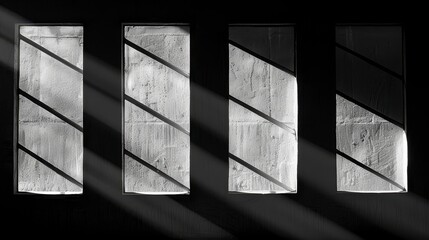 Four textured window panes, light casting stark diagonal shadows