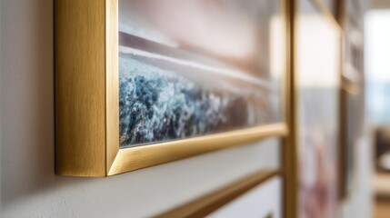 Modern brushed gold picture frame with abstract art