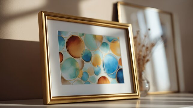 Modern brushed gold picture frame with abstract art