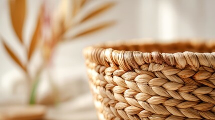 Fototapeta premium Woven rattan basket with natural fiber texture. Scandinavian style