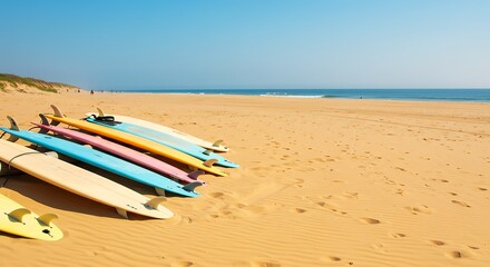 Fototapeta premium A row of colorful surfboards on a sandy beach with the ocean in the background.