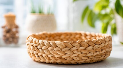 Obraz premium Woven rattan basket with natural fiber texture. Scandinavian style