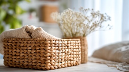 Obraz premium Woven rattan basket with natural fiber texture. Scandinavian style