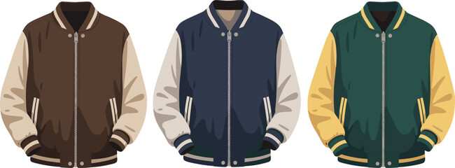 Stylish Varsity Jacket Vector Collection in Various Color Combinations, Front View, Ideal for Sportswear, Streetwear, and Apparel Design Mockups.