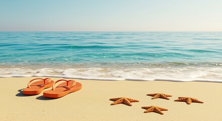 Obraz premium Orange flip-flops and starfish on a sandy beach with the ocean in the background.