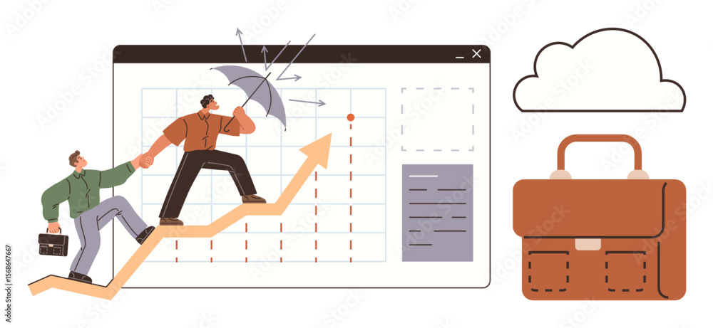 Poster two individuals climb an upward arrow representing growth, with one shielding from challenges using 