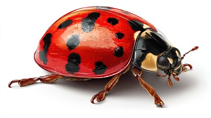 A vibrant red ladybug with black spots, glossy shell, and visible legs and antennae, is shown in profile against a stark white background