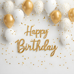 Golden letters  happy birthday with balloons and confetti filling the background, Happy Birthday with  balloons background.