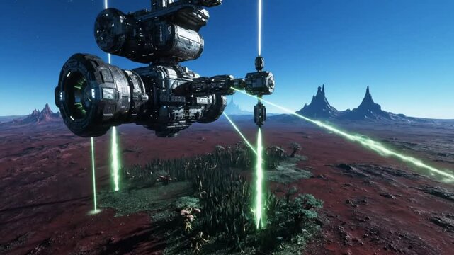 Spaceship Fires Green Energy Beams at Alien Vegetation on a Red Planet
