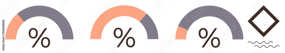 Aufkleber three semicircular progress indicators with percentage signs and abstract geometric shapes. ideal fo