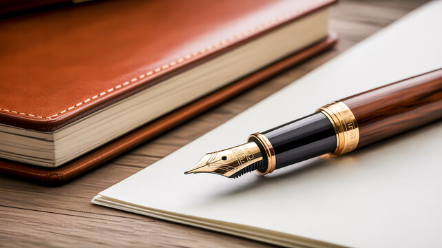 A close-up photograph of a luxury fountain pen resting on white paper against a wooden surface.