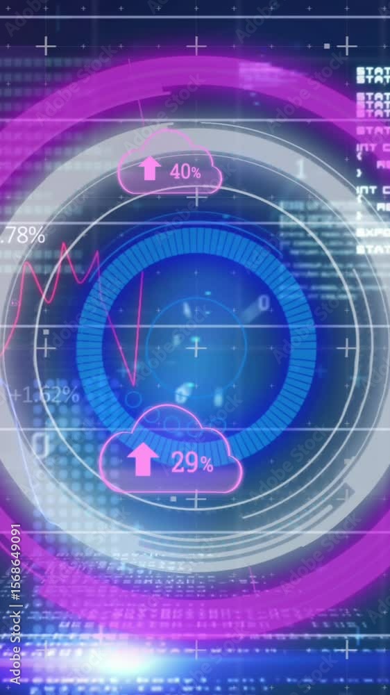 Poster animation of clouds with uploading over data and graphs on digital screen