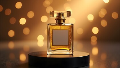 Luxurious Perfume Bottle on Elegant Display Amber Fragrance in Golden Light