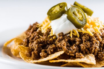 Delicious ground beef nachos topped with jalapenos and sour cream