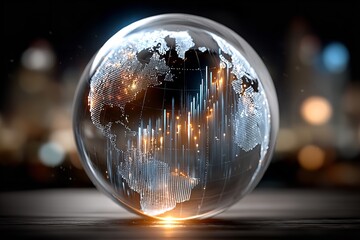 Modern digital globe visualizing global data trends against an urban skyline at night