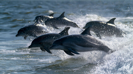A group of dolphins leaping out from the water