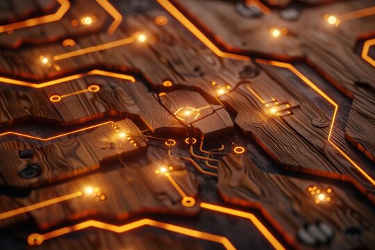 Glowing orange lines depict an innovative abstract circuit network on textured wood. this futuristic technological concept symbolizes data connection and digital innovation.