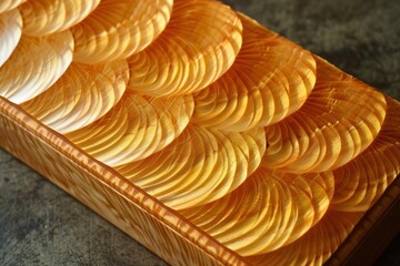 Exquisite golden wavy wood pattern showcasing traditional craftsmanship and delicate texture creates a stunning abstract background illuminated by warm sunlight.