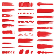 Collection of vibrant red paint brush strokes and swatches on a clean white background