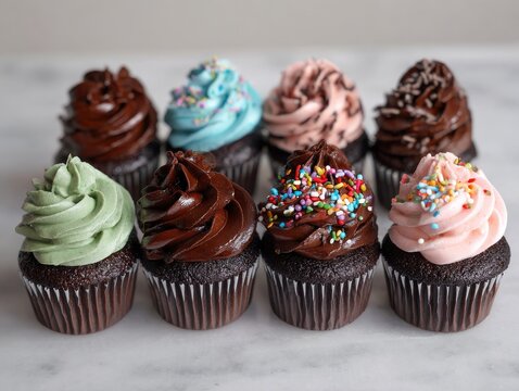 Assorted delicious chocolate cupcakes with colorful frosting