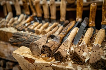 Detailed close-up of woodworking tools. Handcrafted chisels and gouges with natural wooden handles, surrounded by wood shavings, showcasing traditional artisan craftsmanship.