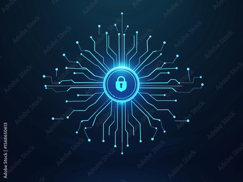 Poster futuristic digital cybersecurity network concept with glowing padlock symbol and circuit connections