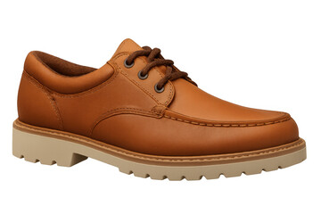 Light brown leather shoe with laces, displaying elegant craftsmanship against transparent studio background