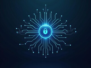 Futuristic digital cybersecurity network concept with glowing padlock symbol and circuit connections representing data protection