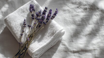 Folded cotton white towel with lavender sprigs