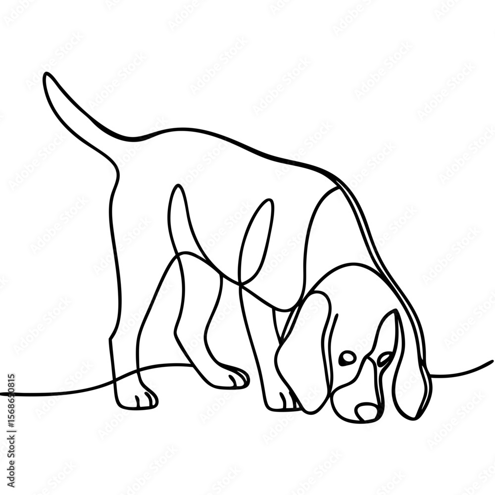 Poster beagle sniffing ground, a single continuous line drawing of cute dog. beagle depicted in minimalist 
