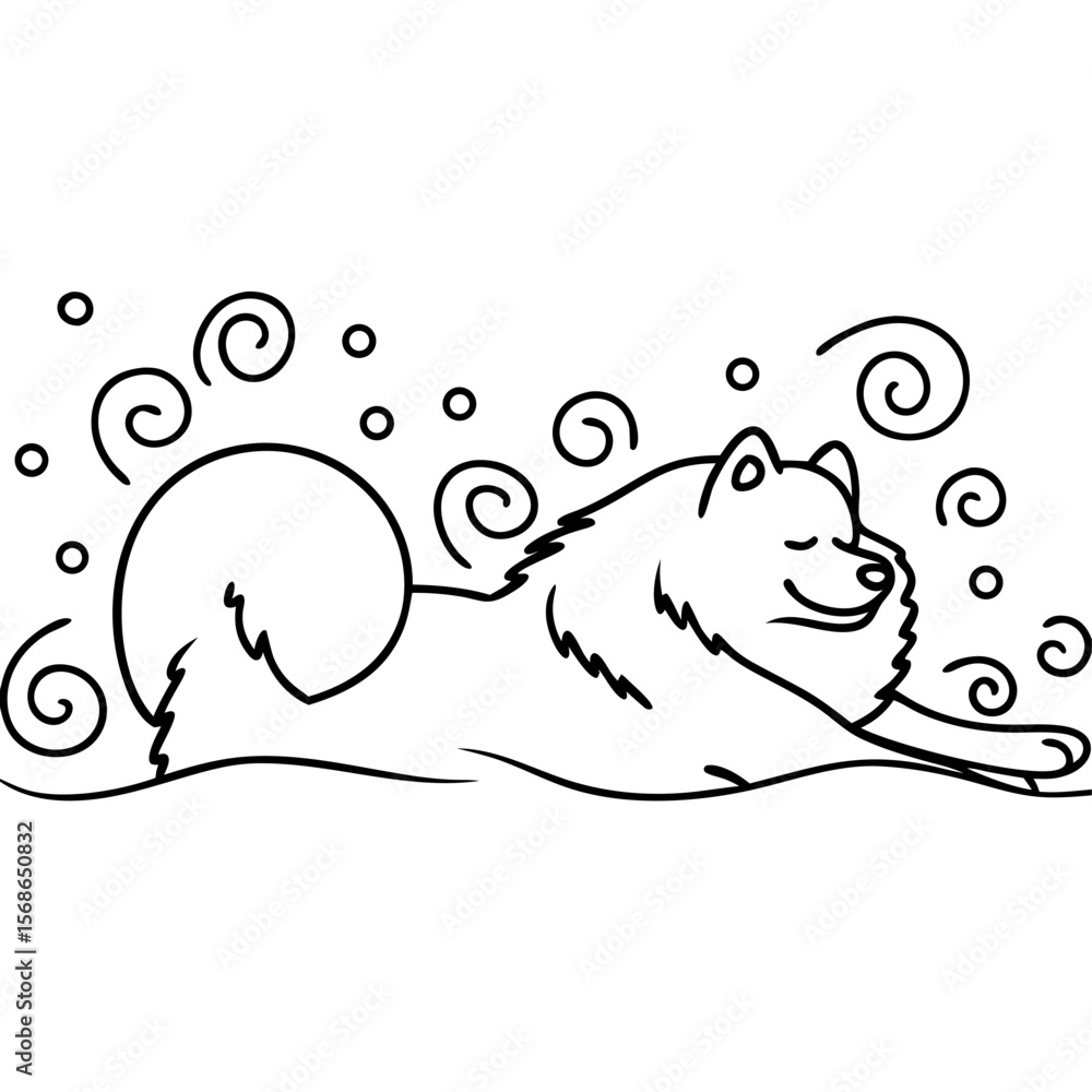 Poster samoyed rolling in snow outlined image with swirls and simple curves on white background. samoyed ro