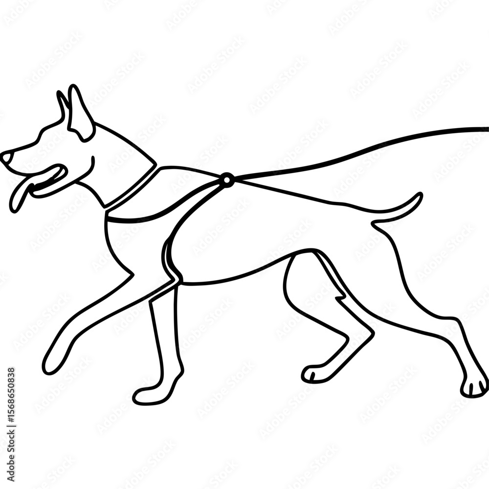 Poster doberman running with leash in simple line art, canine shows the elegance in its stride. line art ca