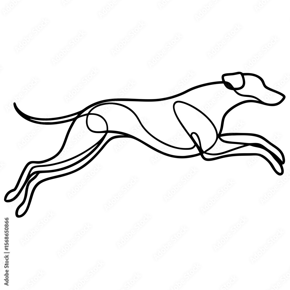 Poster whippet sprinting depicted in single continuous line in minimalist style. whippet sprinting captures