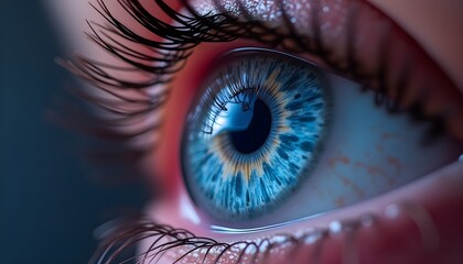 A close-up view of a human eye with blue iris and long eyelashes