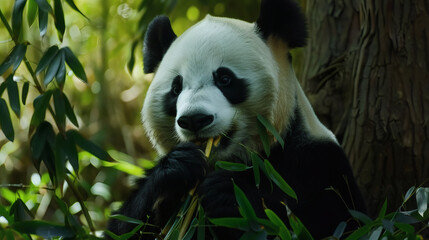 Obraz premium A high-quality AI-generated image of giant panda eating bamboo in forest for commercial use.