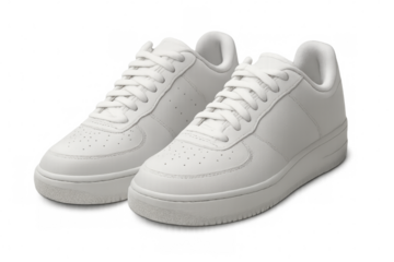 White athletic sneakers resting on transparent surface, representing contemporary footwear design with clean minimal aesthetic