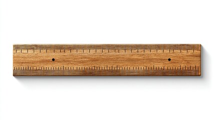 Wooden ruler with etched markings, resting on a white surface, casting a shadow
