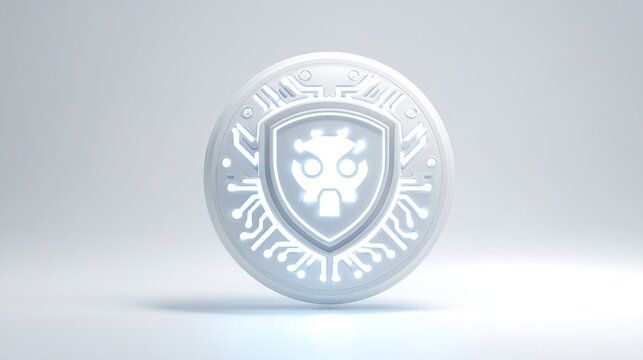 Futuristic emblem of a shield with cybernetic circuitry, signifying protection and advanced security