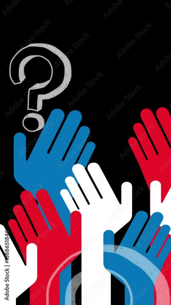 Poster animation of question marks over hands on black background