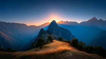Sunrise Machu Picchu Peru Golden Misty Light Vibrant Nature Ultra-Clear Sharpness Ancient Ruins Scenic Travel Photography