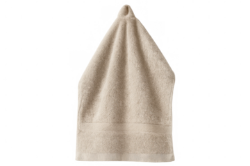 Plush beige towel suspended, revealing soft fabric texture and pristine readiness for bathroom or spa application