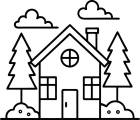Outline art of a cottage house with trees and clouds, vector illustration, with white background.