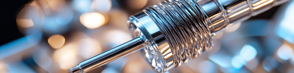 Close-up of Chrome Cylindrical Object with Coiled Center and Rod