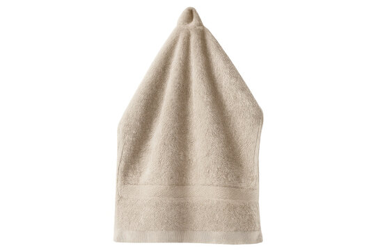 Plush beige towel suspended, revealing soft fabric texture and pristine readiness for bathroom or spa application