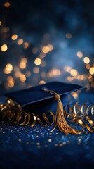 Graduation Cap with Gold Tassels and Festive Lights Background