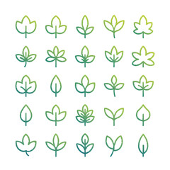 Fototapeta premium Collection of diverse leaf icons with a green to blue gradient outline on a white background