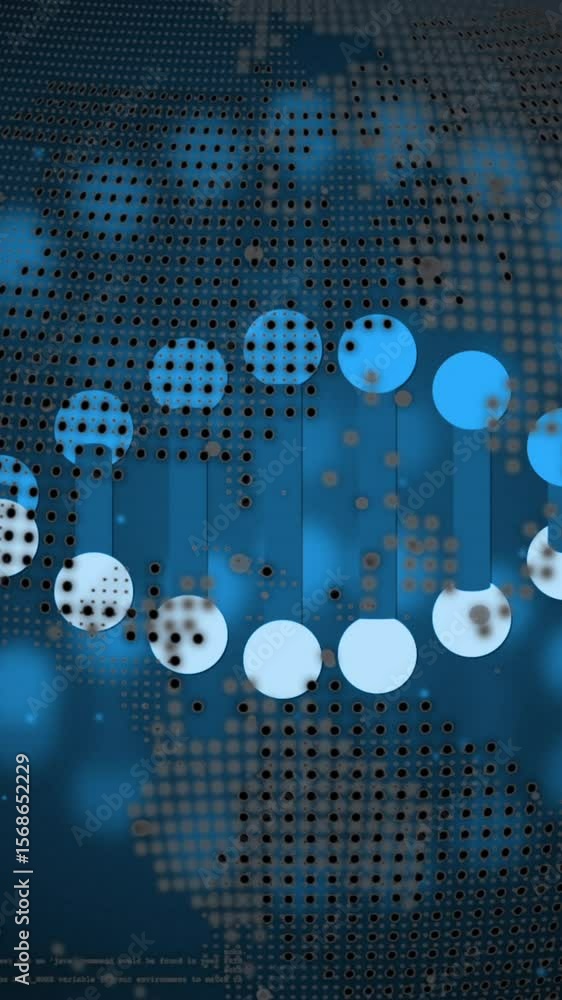 Poster animation of dna strands spinning over globe and data processing