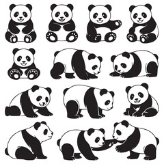Collection of cute black and white panda bears in various poses and activities on a white background