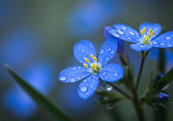 Dewdrops glisten on vibrant blue spring wildflowers, creating a fresh and serene botanical scene of natural beauty.