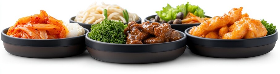Colorful assortment of delicious Asian dishes in decorative bowls on a white background, perfect for food photography
